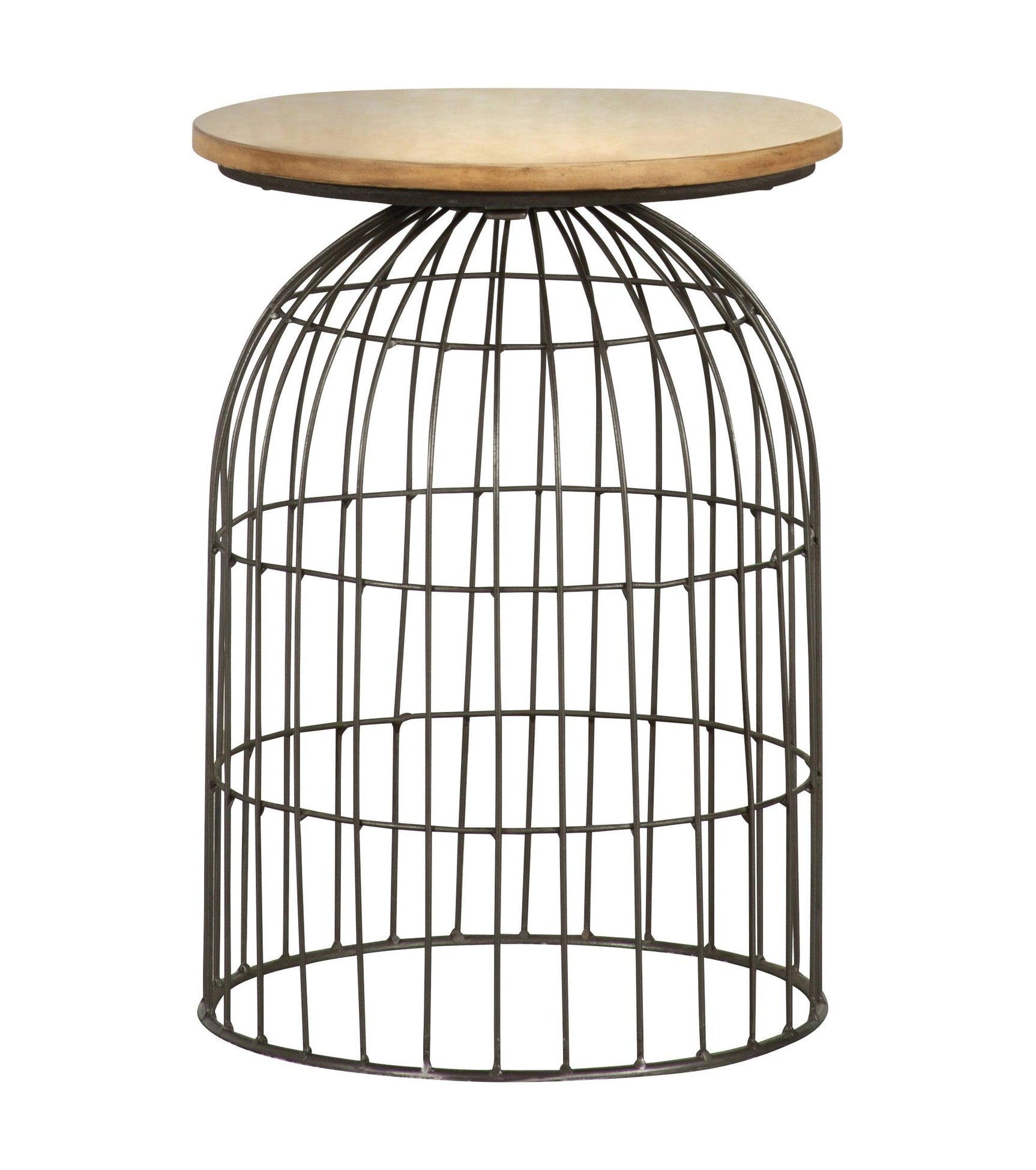 Bernardo Round Accent Table with natural beige marble top and gunmetal bird cage base - side view