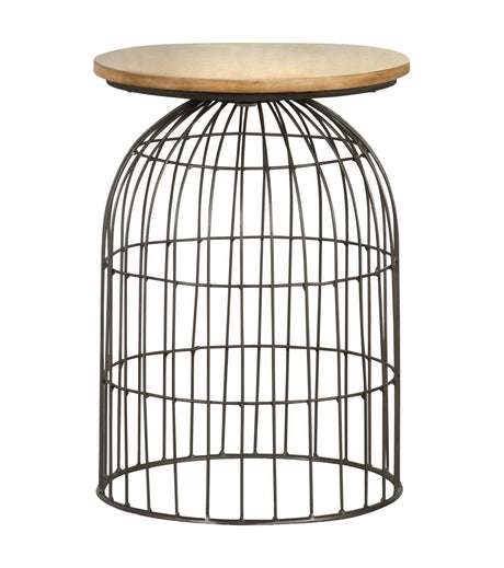 Bernardo Round Accent Table with natural beige marble top and gunmetal bird cage base - side view