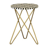 Close-up of Xenia accent table's gold butterfly hairpin legs