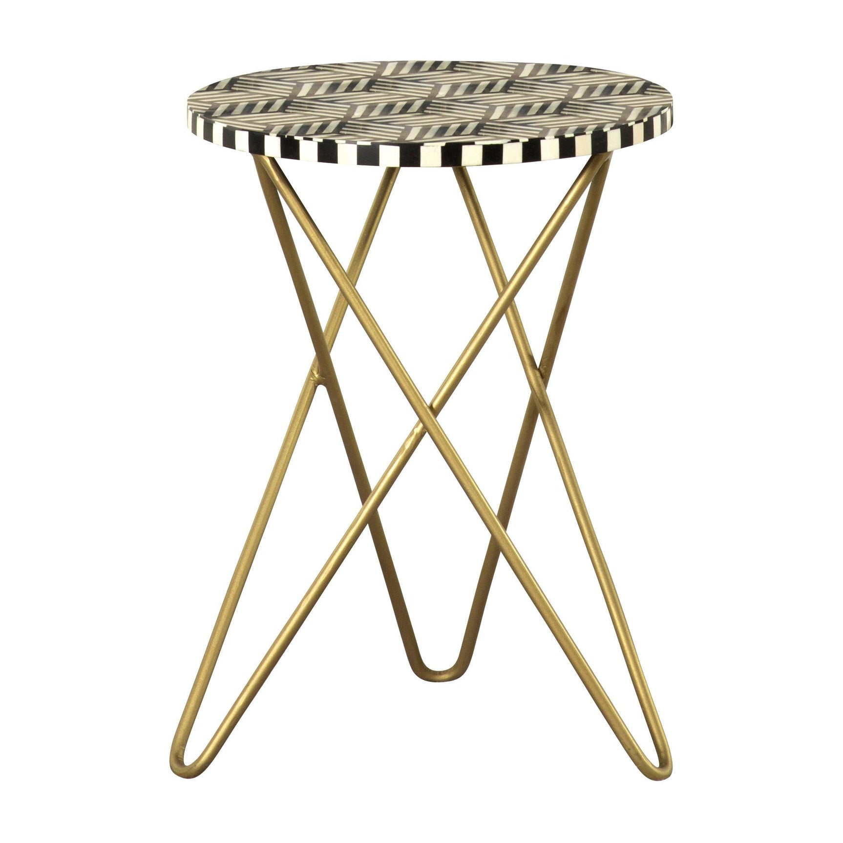 Close-up of Xenia accent table's gold butterfly hairpin legs