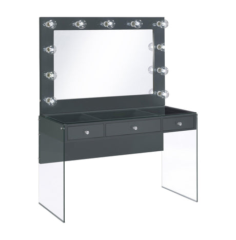 Close-up of three drawers with crystal knobs and tempered glass top