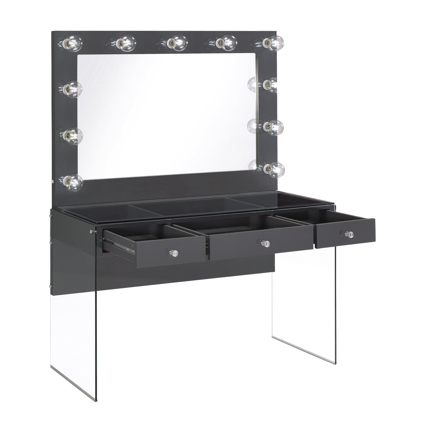 Illuminated mirror with eleven globe-shaped bulbs