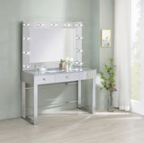 Close-up of vanity LED Edison-style bulbs and oversized mirror