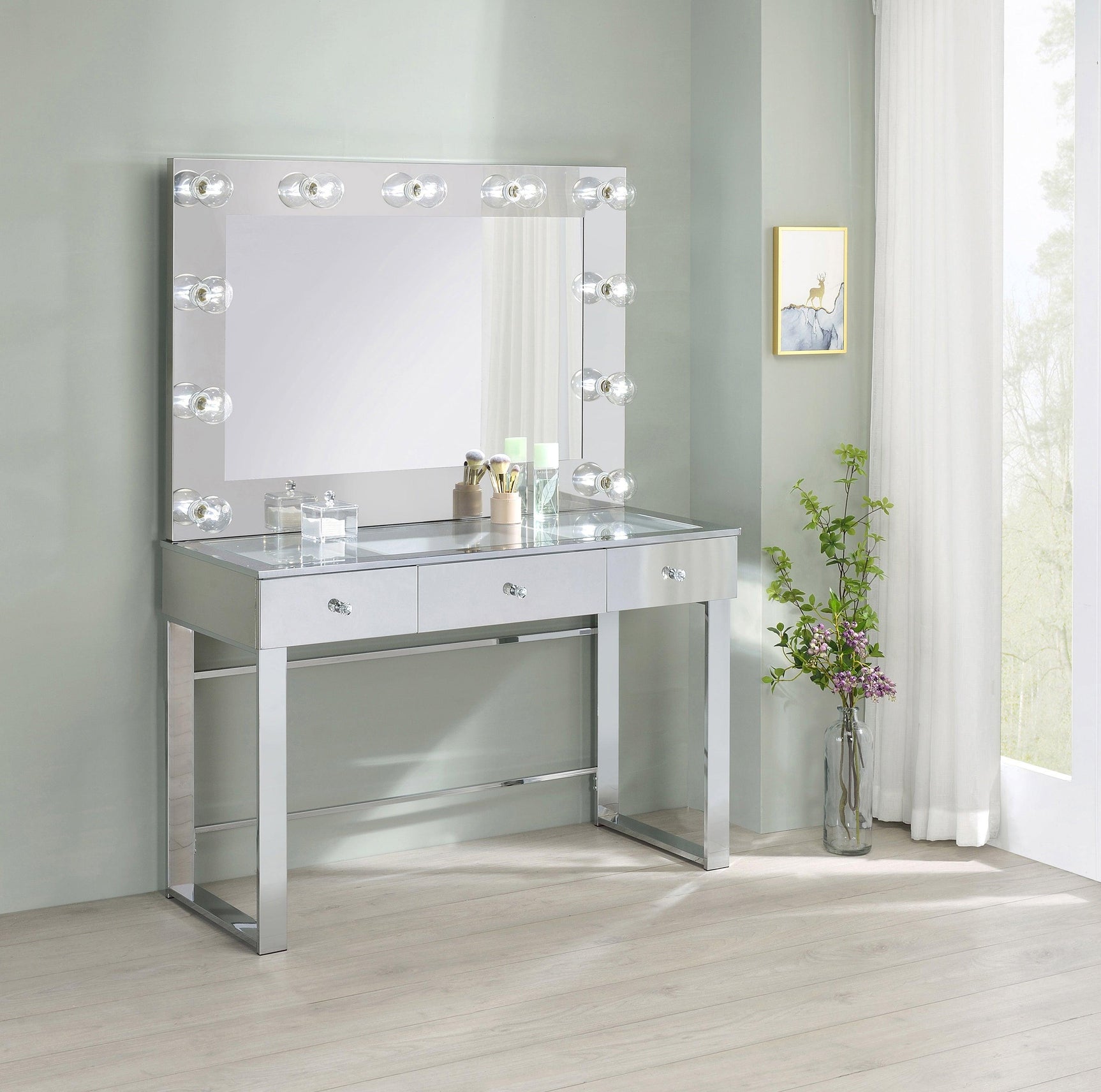 Close-up of vanity LED Edison-style bulbs and oversized mirror