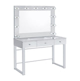 Side angle showing clear tempered glass top and crystal drawer pulls