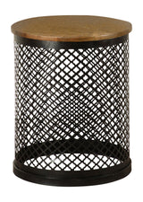 Side view of Aurora Round Accent Table showing perforated black iron drum base