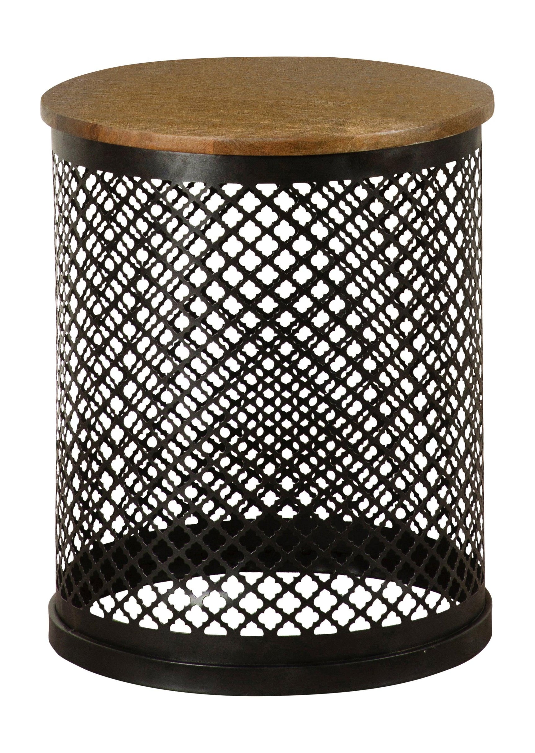 Side view of Aurora Round Accent Table showing perforated black iron drum base