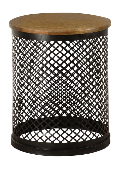 Side view of Aurora Round Accent Table showing perforated black iron drum base