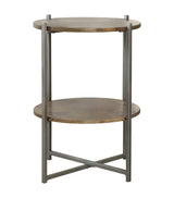 Side angle of Axel round accent table showing mango wood top and open bottom shelf