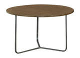 Side view of Yaritza round accent table with tripod gunmetal wire base and natural mango wood top