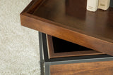 Close-up of Ondrej Square Accent Table's mango wood removable tray and iron base