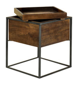 Side view of Ondrej Square Accent Table with dark brown wood top and gunmetal frame