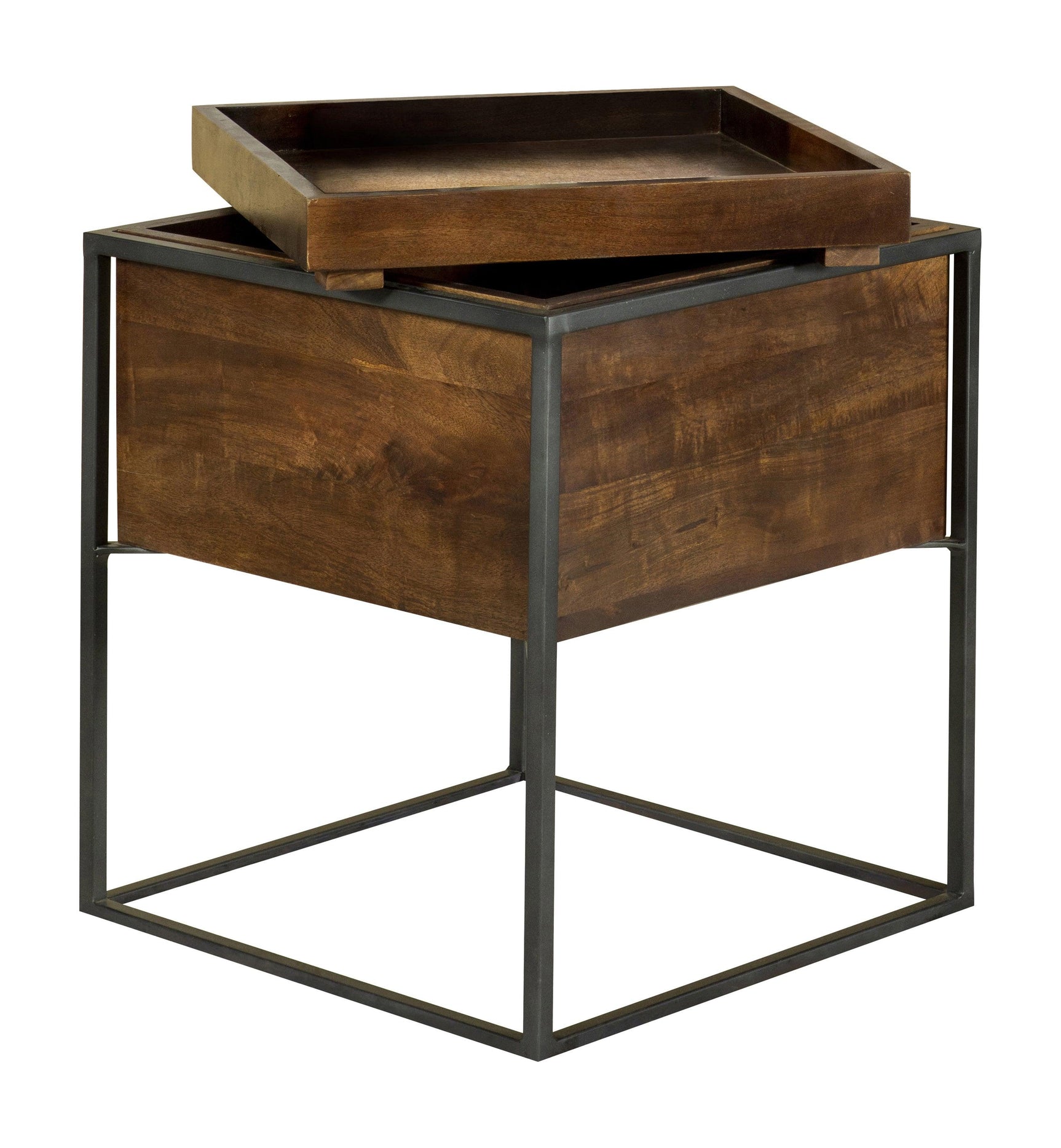 Side view of Ondrej Square Accent Table with dark brown wood top and gunmetal frame