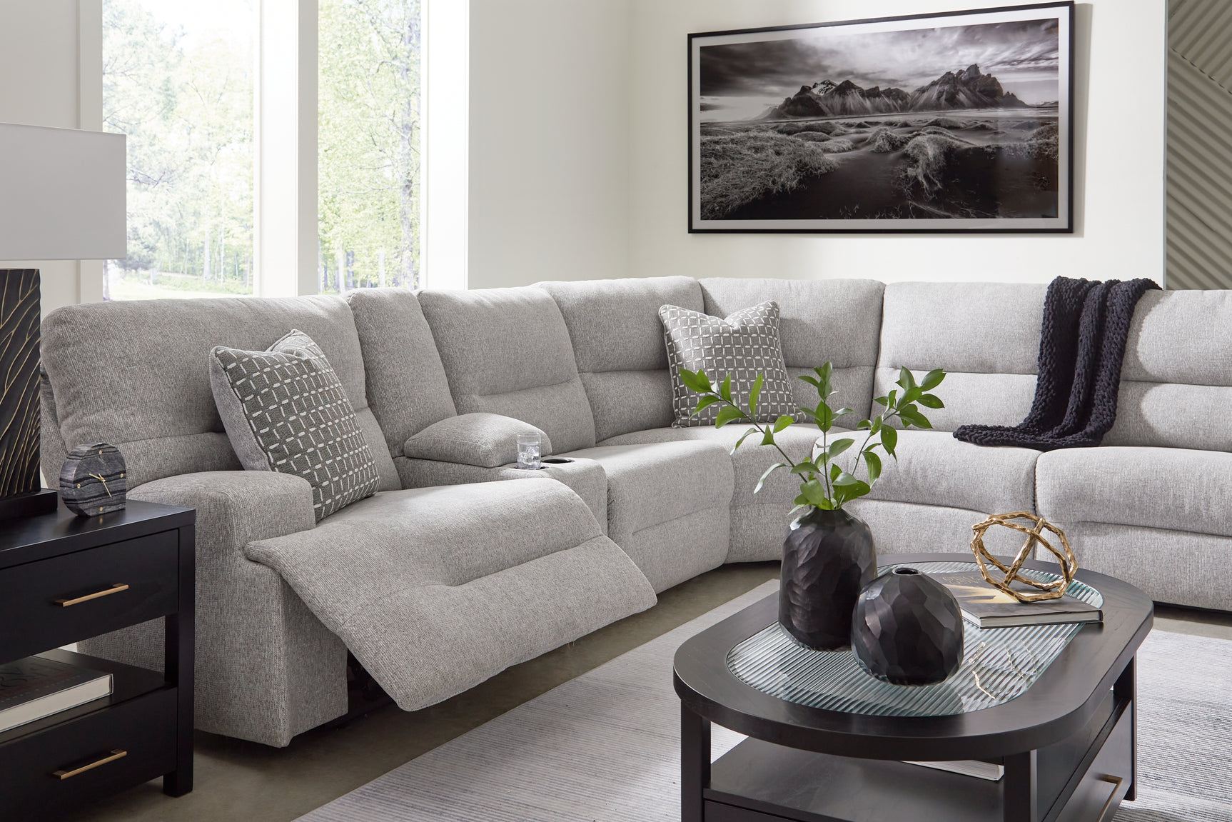 Acklen Place Pewter 7-Piece Power Sectional Reclining Sofa with Storage Console angle view