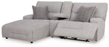 Console with storage and cup holders in pewter sectional sofa
