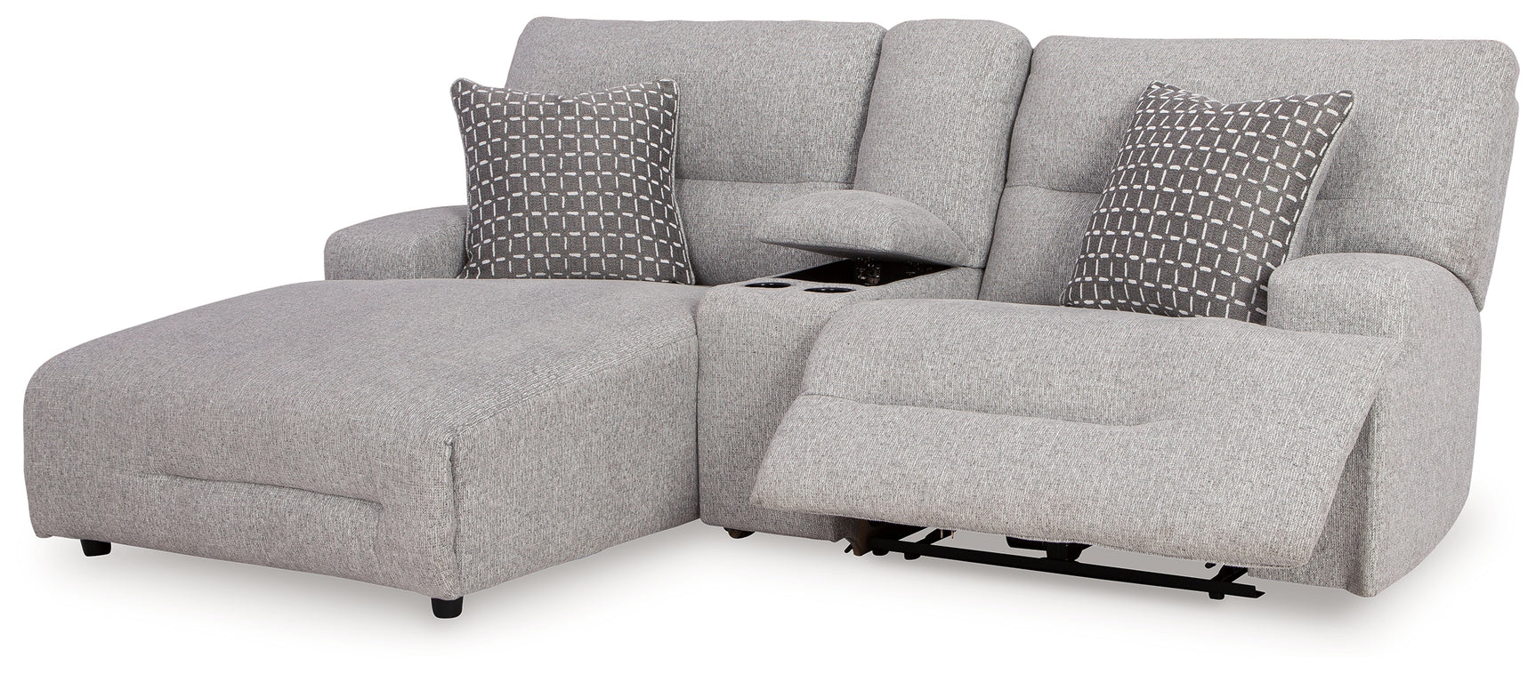 Console with storage and cup holders in pewter sectional sofa