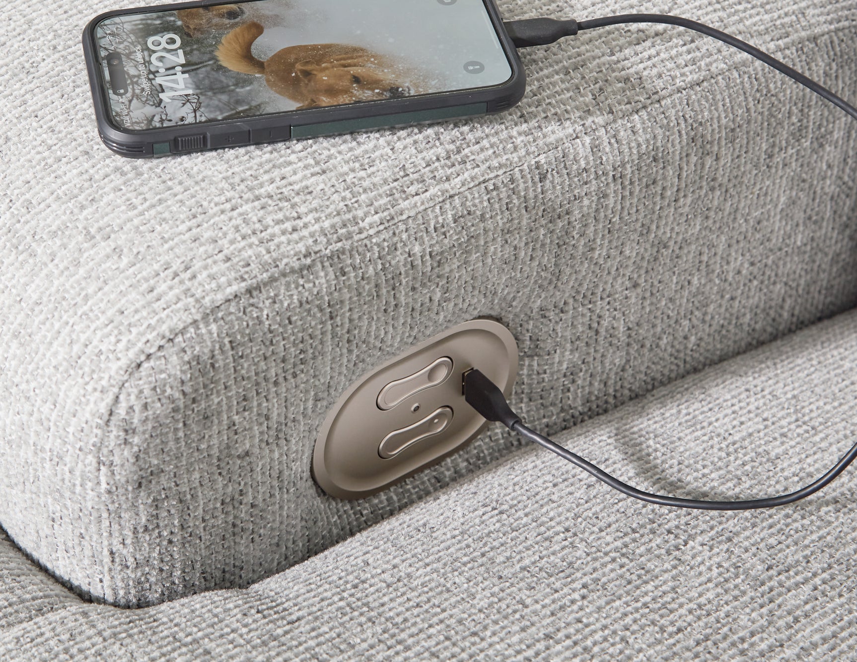 Side detail of recliner with USB charging port