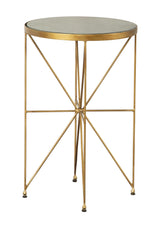 Close-up of Eliska accent table showing green marble top and antique gold iron base