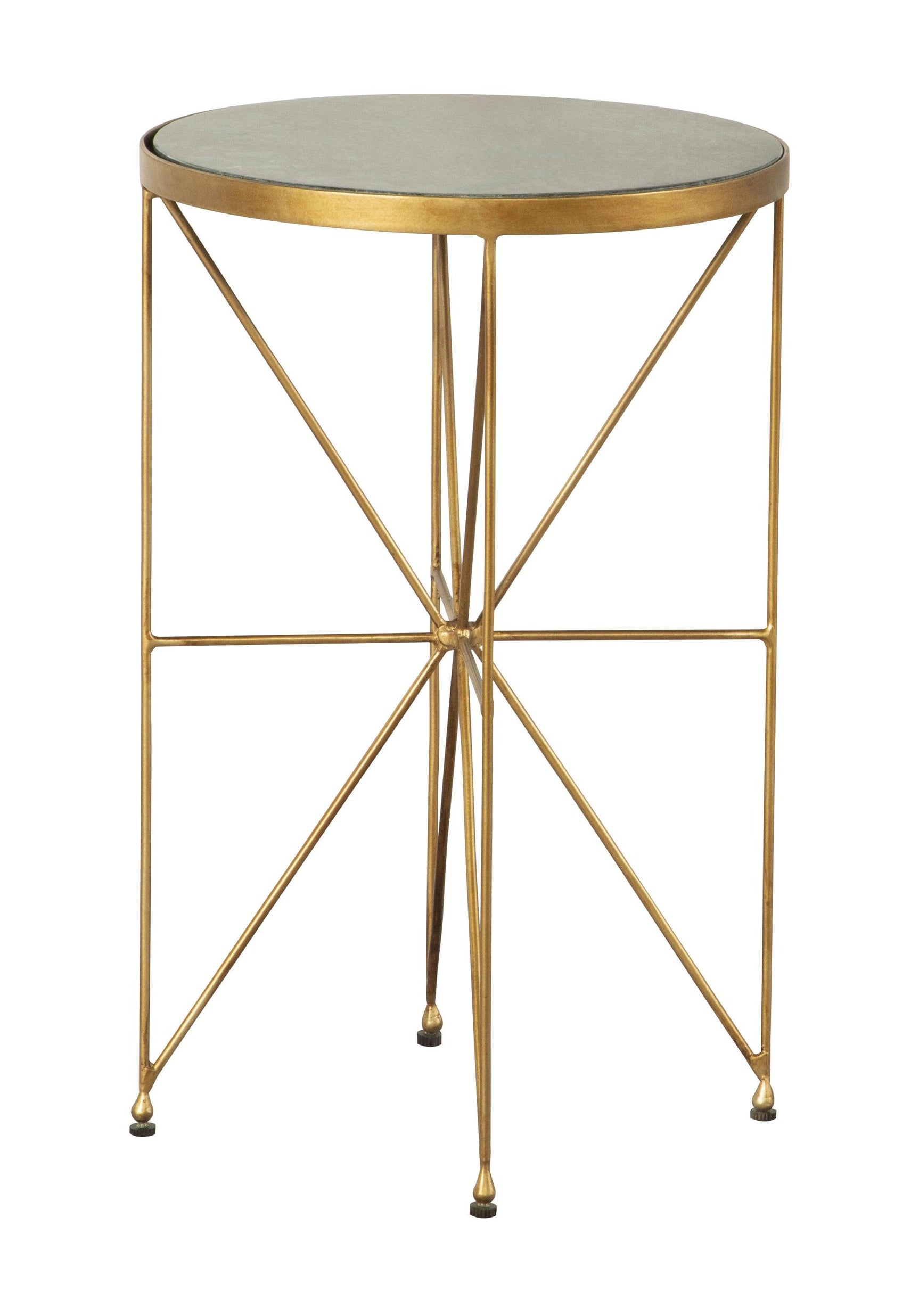 Close-up of Eliska accent table showing green marble top and antique gold iron base