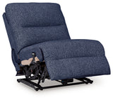 Right-arm facing power reclining chaise of navy sectional
