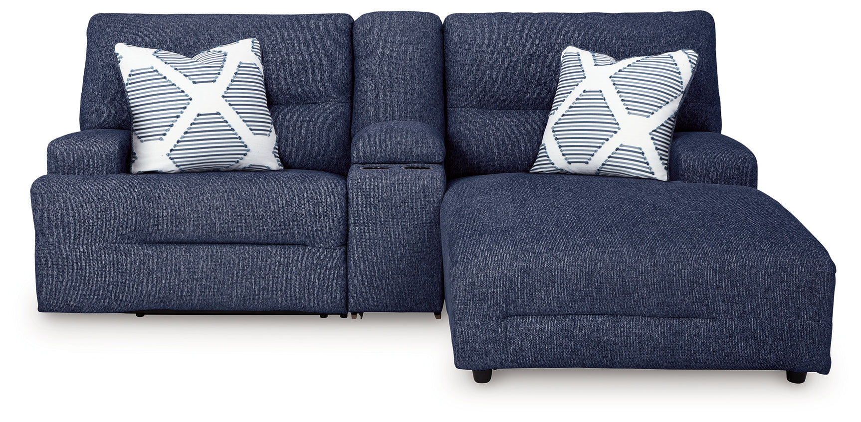 Accent pillows detail on navy sectional