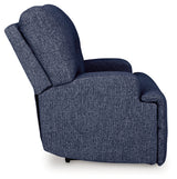 Side angled view of Acklen Place navy power recliner