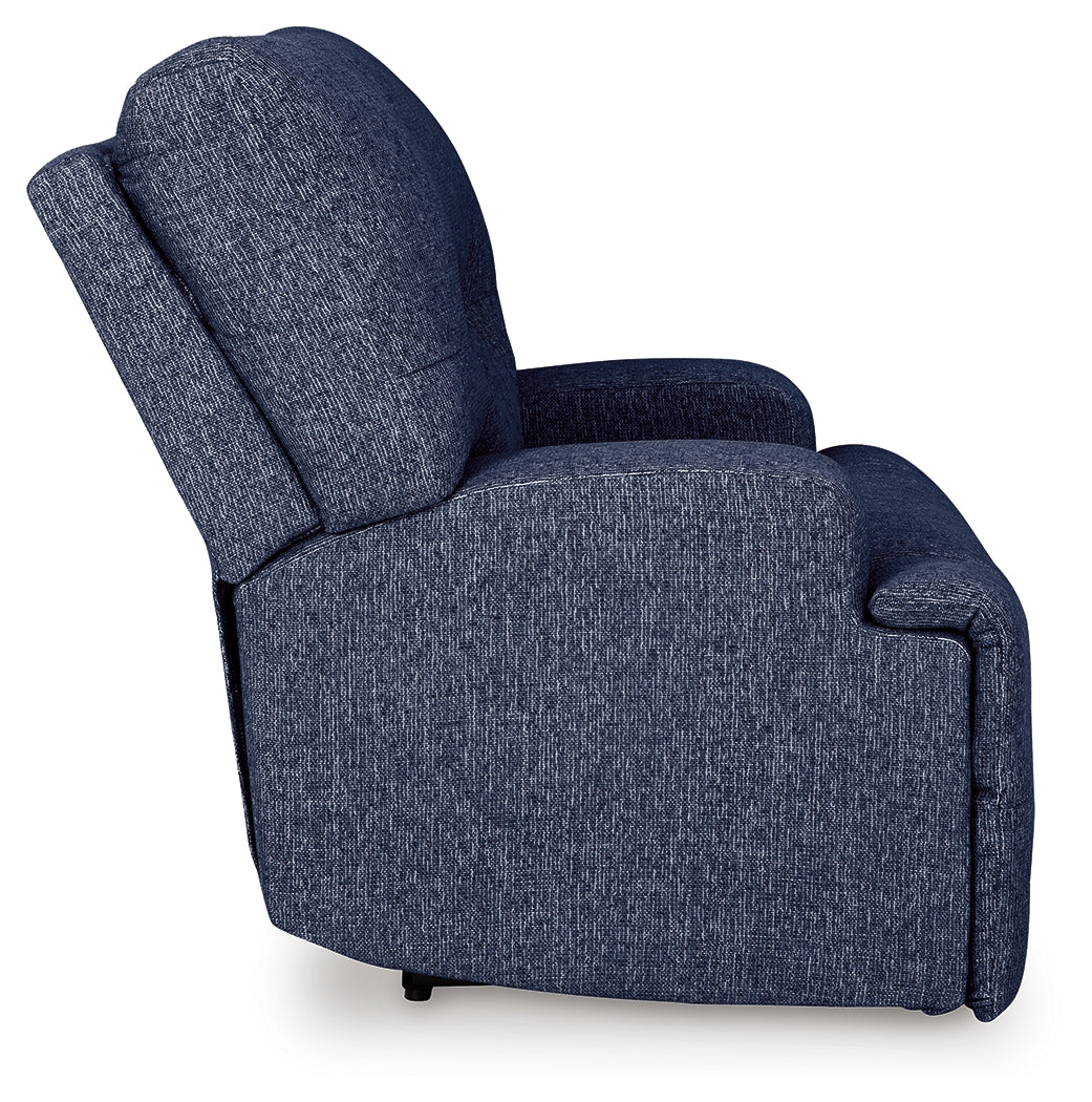 Side angled view of Acklen Place navy power recliner