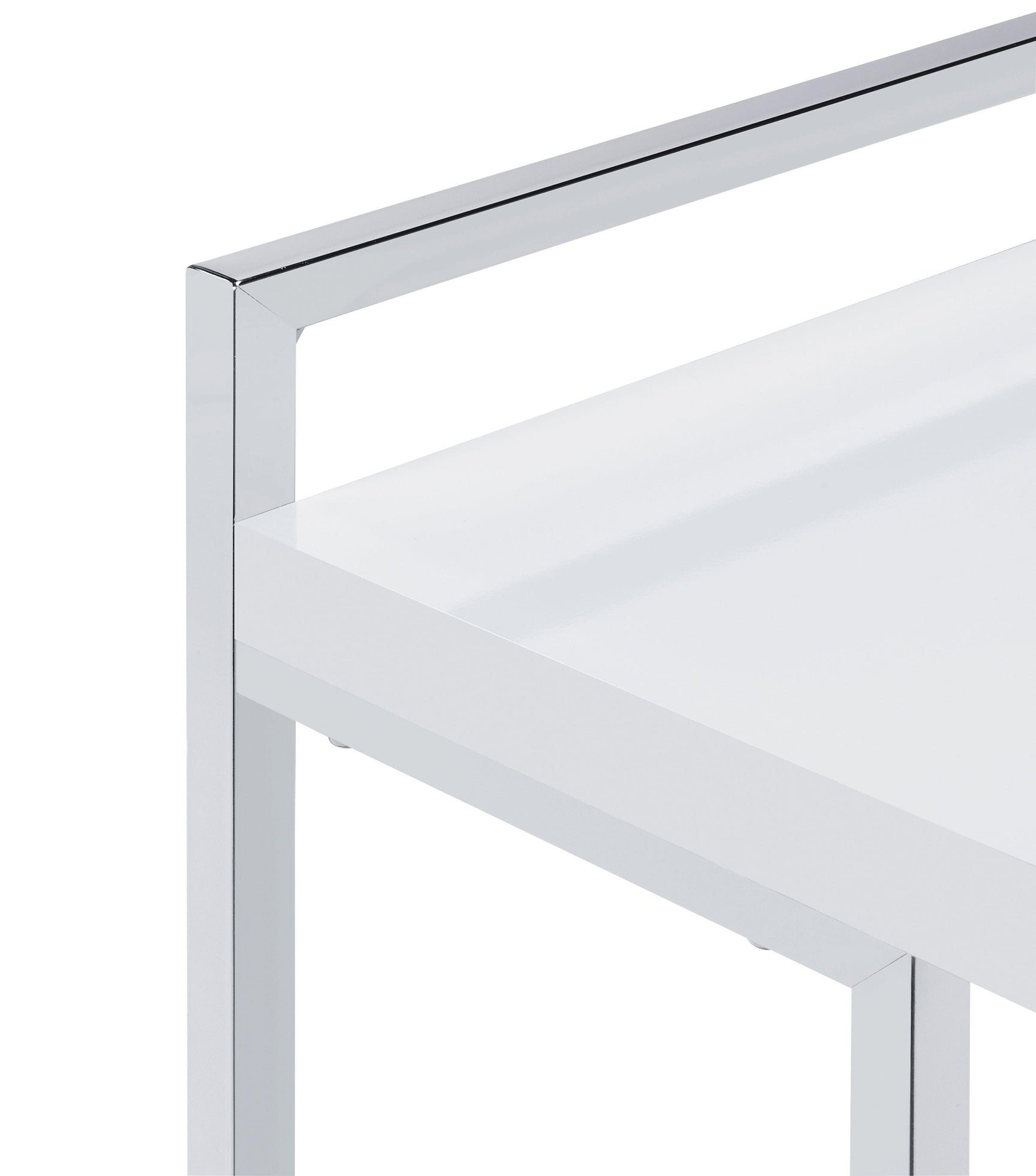 Dani snack table side view highlighting rectangular shape and metal base