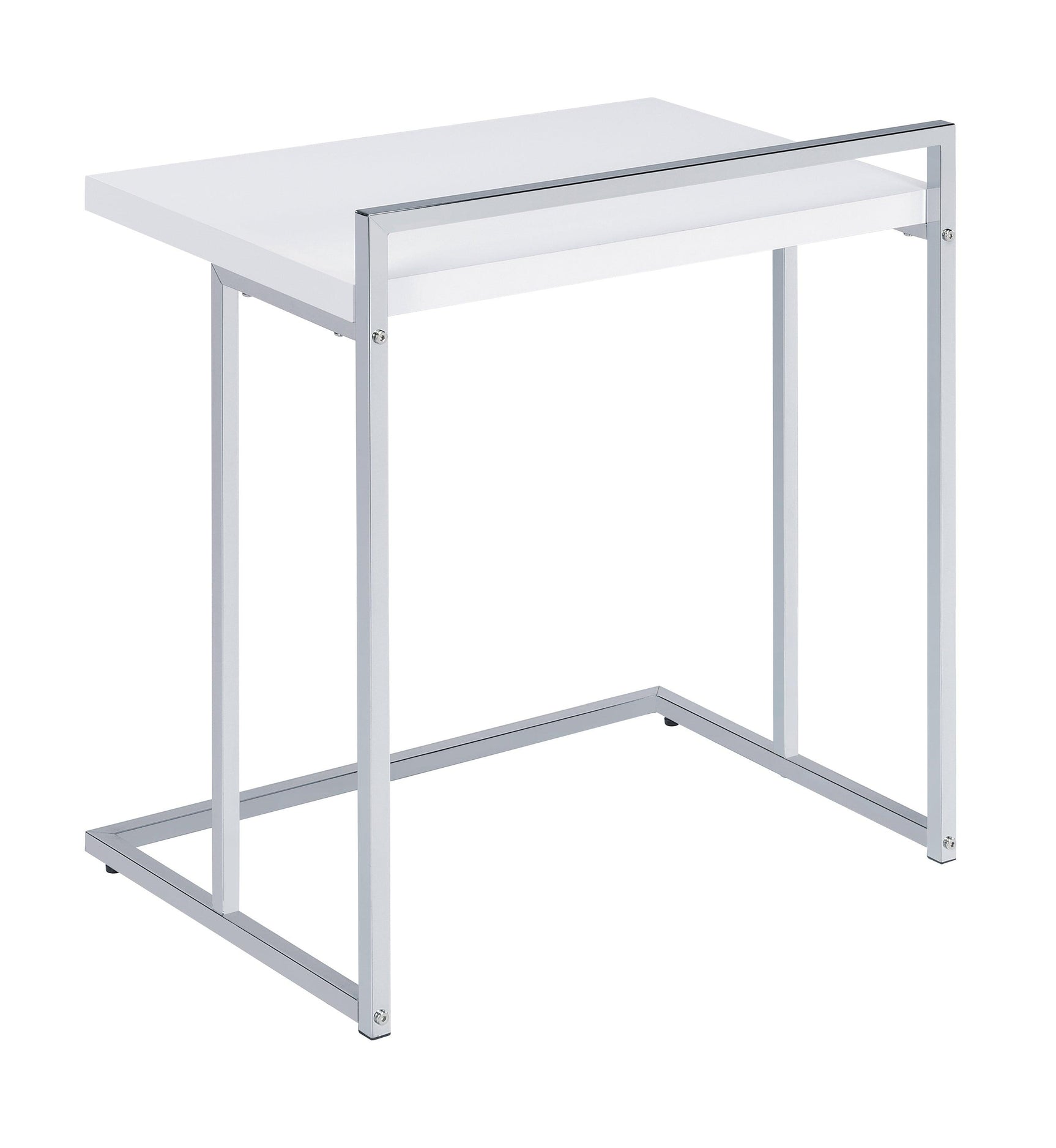 Close-up of Dani snack table chrome metal base and rear ledge