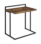 Side angle of Dani Snack Table showing two drawers and U-shaped metal base