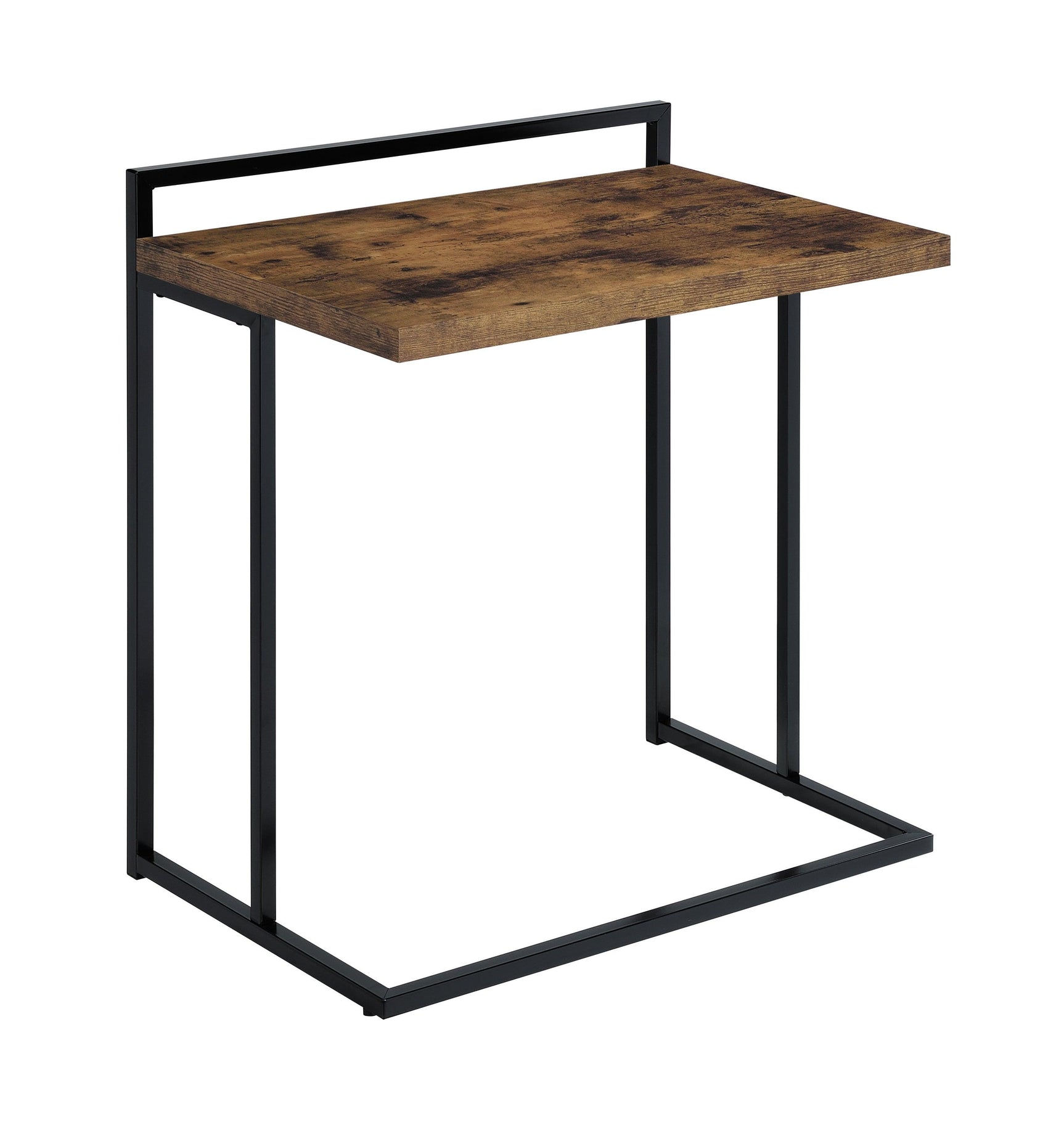 Side angle of Dani Snack Table showing two drawers and U-shaped metal base