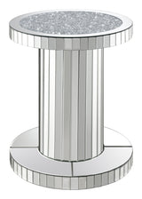 Side angle of Dorielle Crystal Inlay Round Top Accent Table Mirror showing pedestal base and reflective mirrored tiles