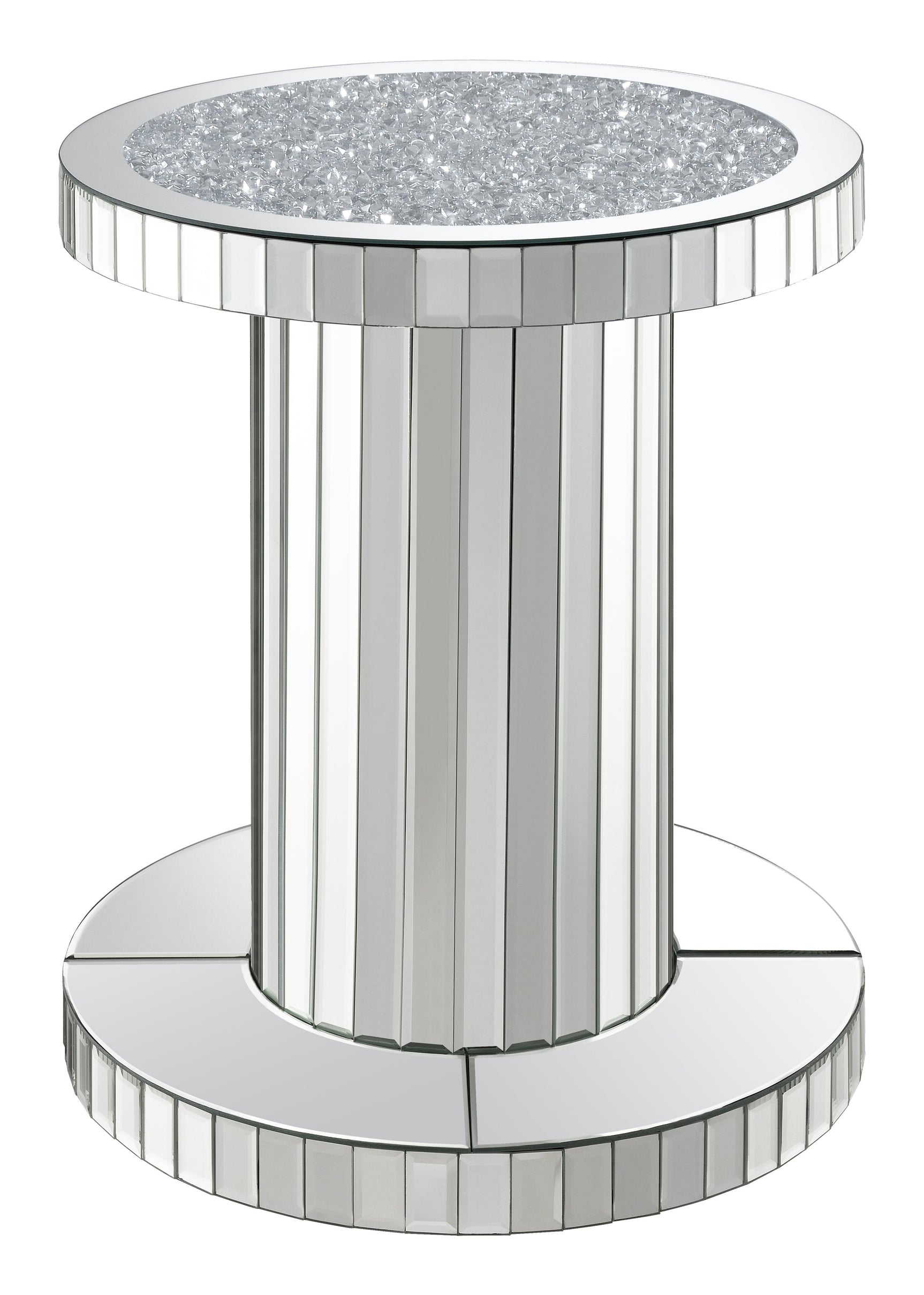 Side angle of Dorielle Crystal Inlay Round Top Accent Table Mirror showing pedestal base and reflective mirrored tiles