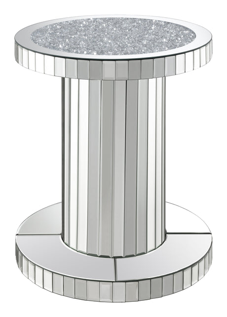 Side angle of Dorielle Crystal Inlay Round Top Accent Table Mirror showing pedestal base and reflective mirrored tiles