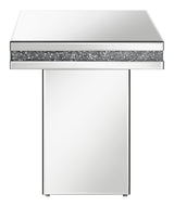 Elora Pedestal Square Top Accent Table Mirror side angle showcasing acrylic crystal center band