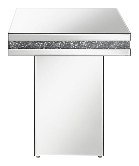 Elora Pedestal Square Top Accent Table Mirror side angle showcasing acrylic crystal center band