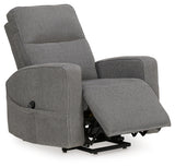 Reclined position of Starganza Gray Power Lift Recliner in gray fabric