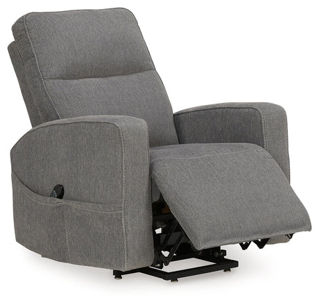 Reclined position of Starganza Gray Power Lift Recliner in gray fabric