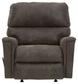 Head-on side view of Navi Smoke Faux Leather Recliner