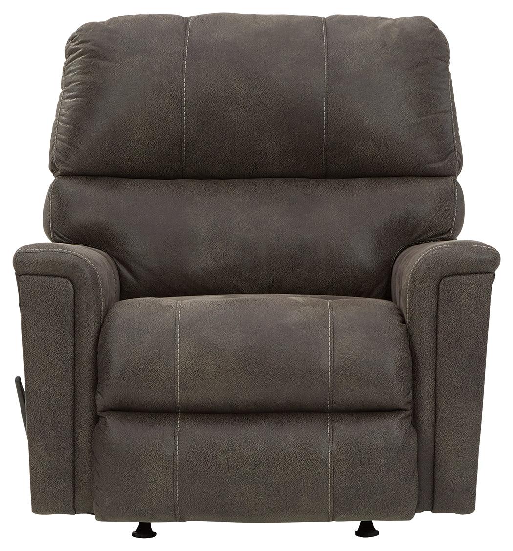 Head-on side view of Navi Smoke Faux Leather Recliner