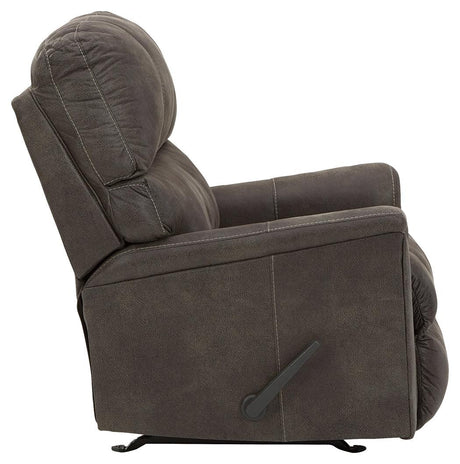 Side reclining view of Navi Smoke Faux Leather Recliner
