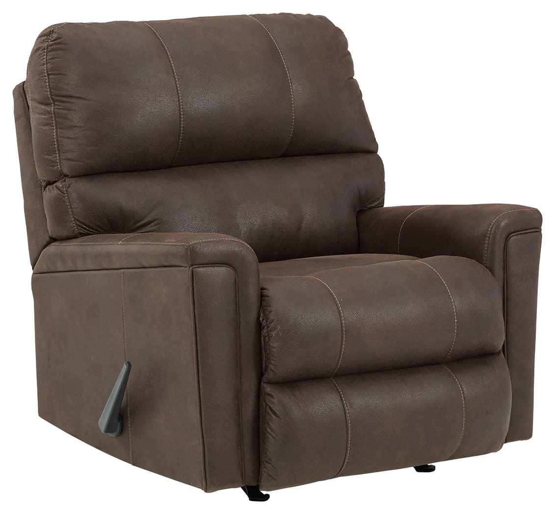 Closed angle side view of Navi Smoke Faux Leather Recliner