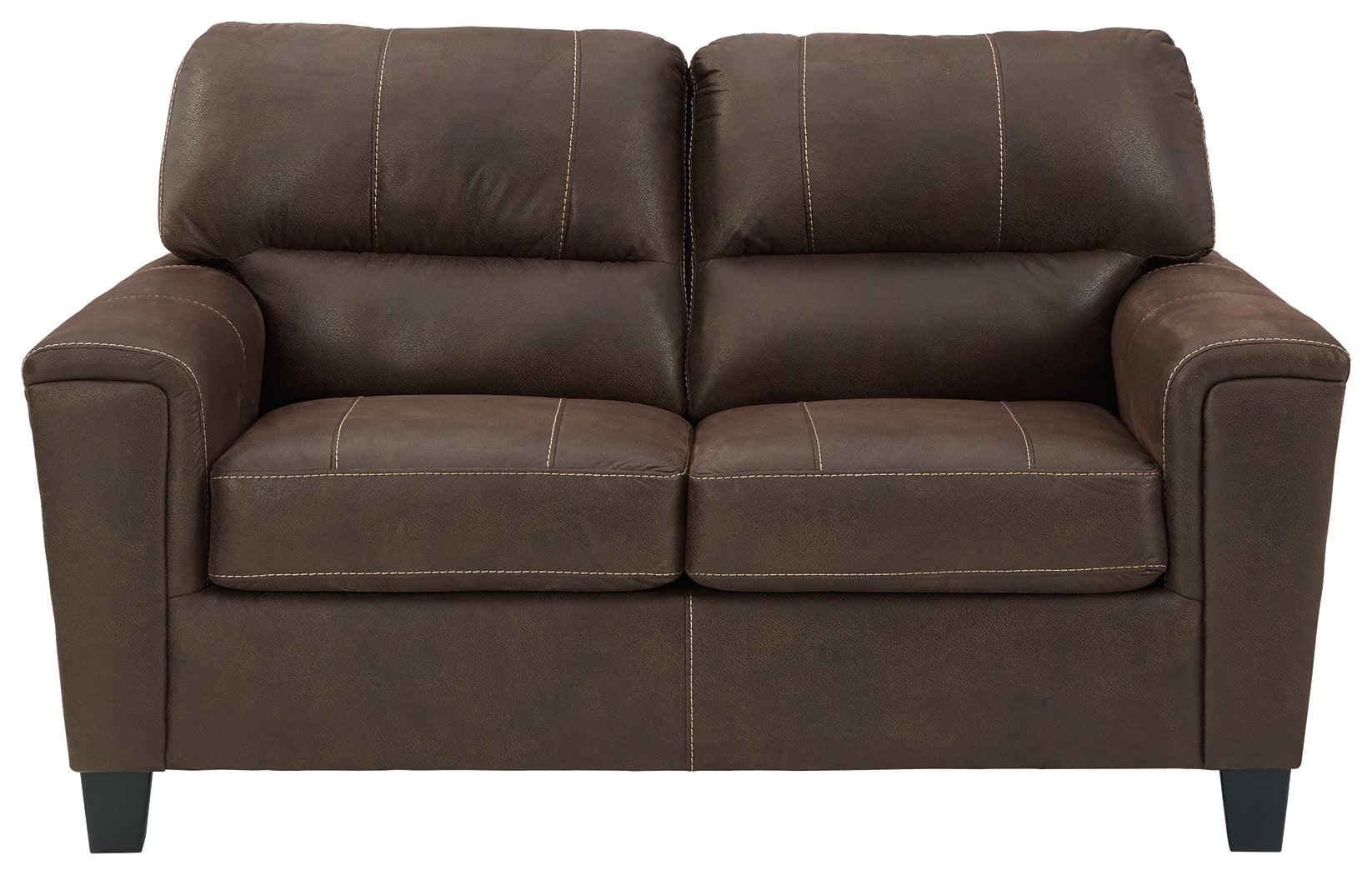 Front on view of Navi Loveseat in smoke faux leather