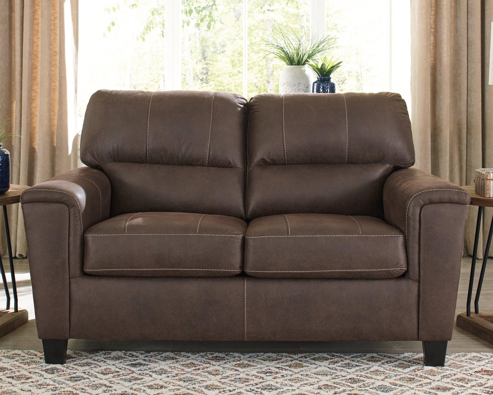 Navi Smoke Faux Leather Loveseat close-up of stitching detail