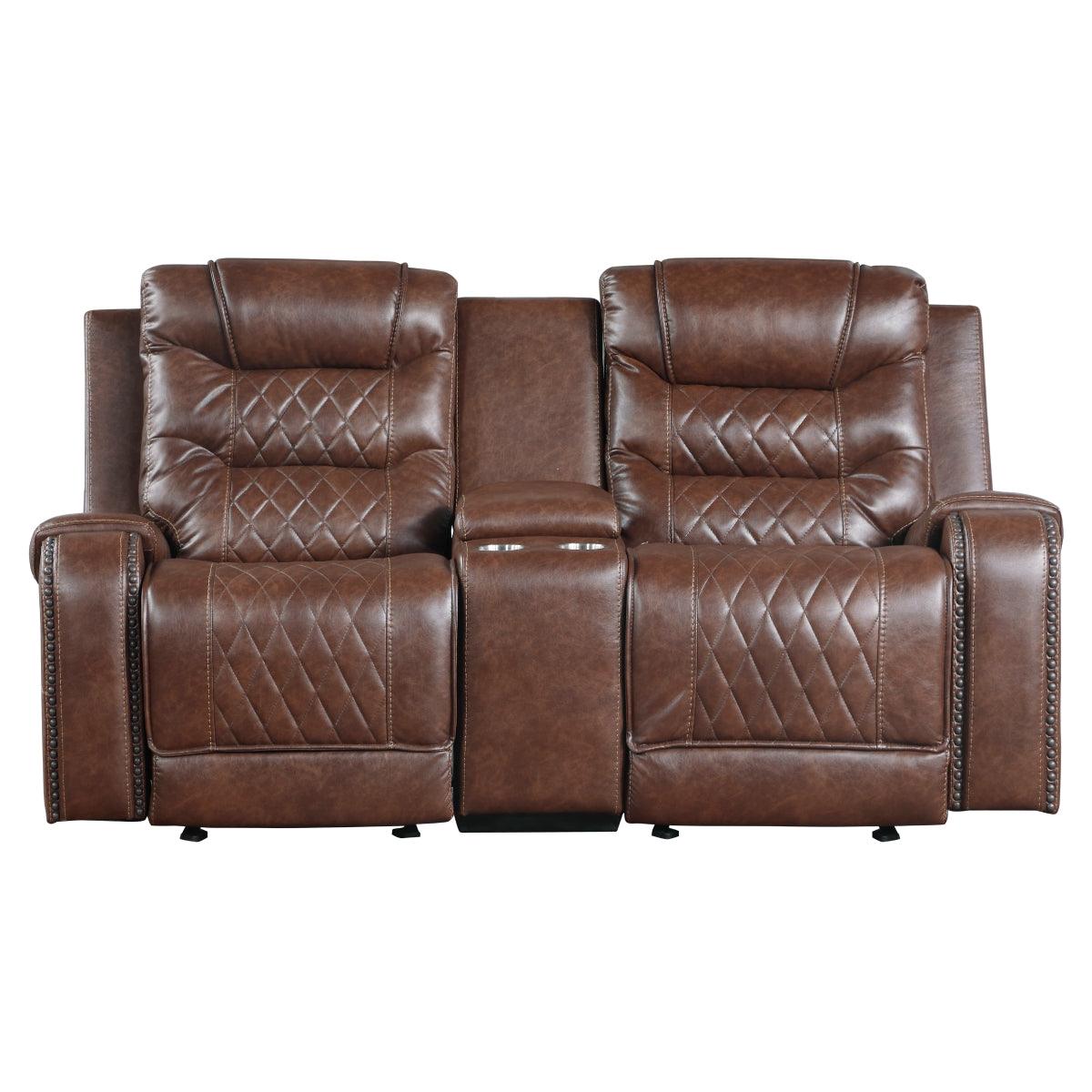 Putnam Brown brown polished microfiber double glider reclining loveseat front view