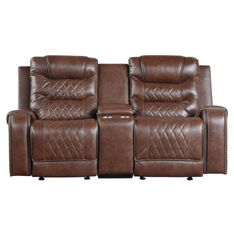 Putnam Brown brown polished microfiber double glider reclining loveseat front view