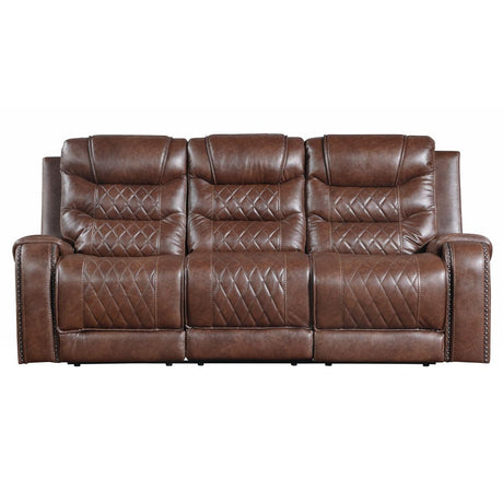 Front view of Putnam Brown double reclining sofa in brown polished microfiber