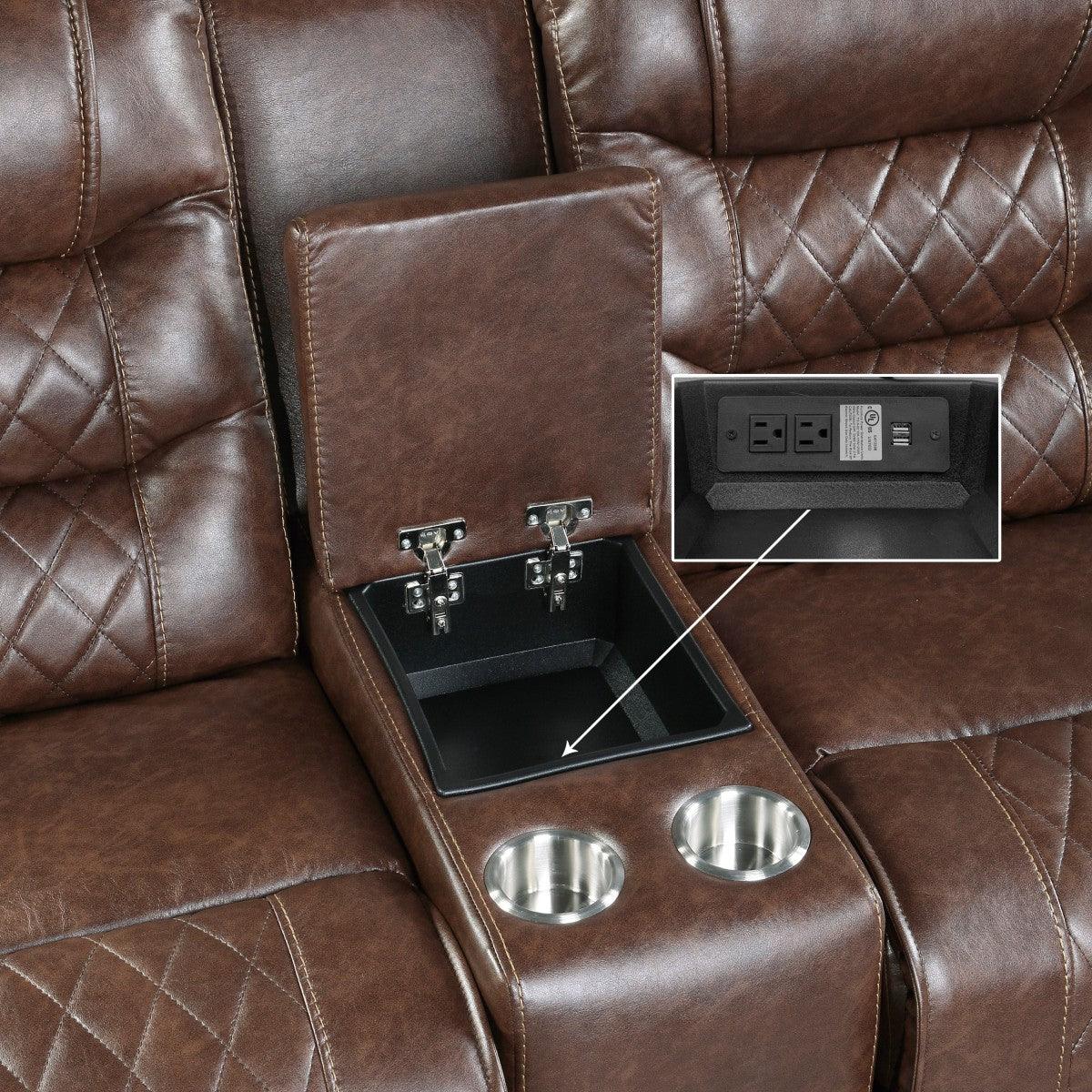 Center console of Putnam brown microfiber loveseat with cup holders and USB ports