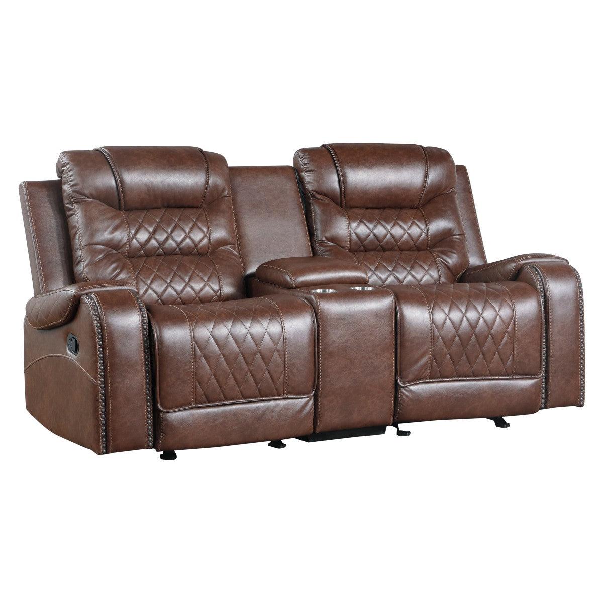 Putnam Brown brown polished microfiber double glider reclining loveseat side view