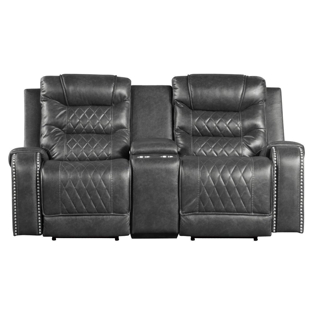Putnam Gray Power Double Reclining Loveseat with Center Console, front view